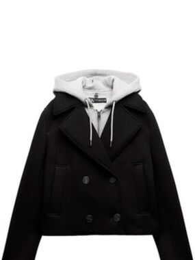 Zara Black Peacoat with Light Gray Hoodie Layered Look